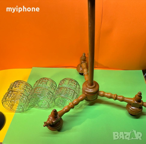 Дървен ретро полилей с 3 кружки, снимка 4 - Антикварни и старинни предмети - 53076738