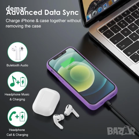 Кейс с батерия Feob за iPhone 12/12 Pro (6.1 инча) - 10800mAh, лилав, снимка 3 - Калъфи, кейсове - 50687684
