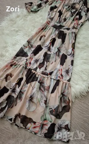 РАЗКОШНА дълга бежова рокля на едри цветя, снимка 2 - Рокли - 50091191