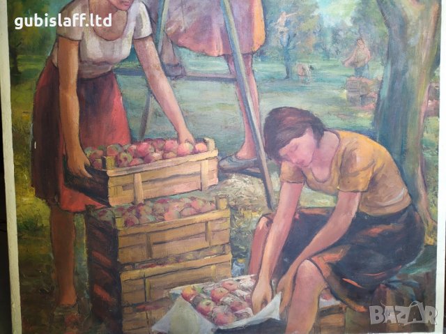 Картина, "Ябълкова градина", соц. период, 132х102 см., снимка 3 - Картини - 34591173