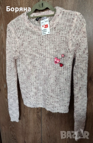 H&M нов с етикет пуловер розов меналж с брошки, снимка 8 - Блузи с дълъг ръкав и пуловери - 53446207