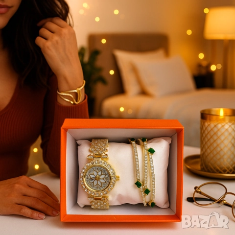 Дамски комплект часовник и гривни с кристали – луксозен подарък в готова кутия, снимка 3 - Бижутерийни комплекти - 51967765