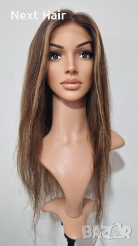 Естествена перука, кафява с руси кичури, 60 см, Lace 4х4, снимка 5 - Аксесоари за коса - 53351970