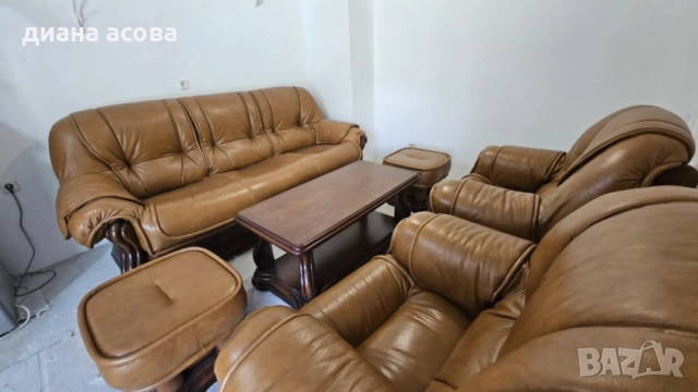 естествена кожа -телешки бокс и орнаменти от масивно дърво , снимка 5 - Дивани и мека мебел - 51497275