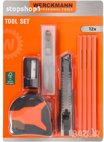 Комплект инструменти Werckmann, ролетка, макетен нож + 5 резервни резеца, 4 молива, острилка, снимка 2 - Други инструменти - 53341398