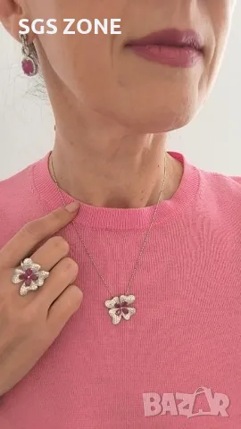 Сребърна Висулка Цвете с Рубини, снимка 5 - Колиета, медальони, синджири - 49825109