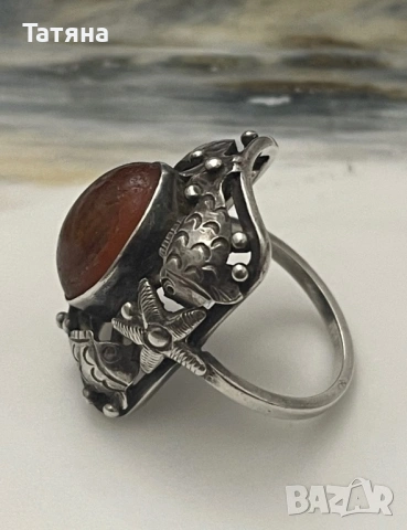 Рядък винтидж сребърен пръстен с кехлибар, Georg Kramer, 835, Fischland , снимка 5 - Пръстени - 53147629