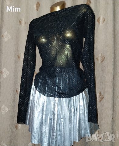  К-т S/M Черна прозрачна блуза със сребристи точки и сребриста пола с кожен ефект, снимка 4 - Поли - 43722543