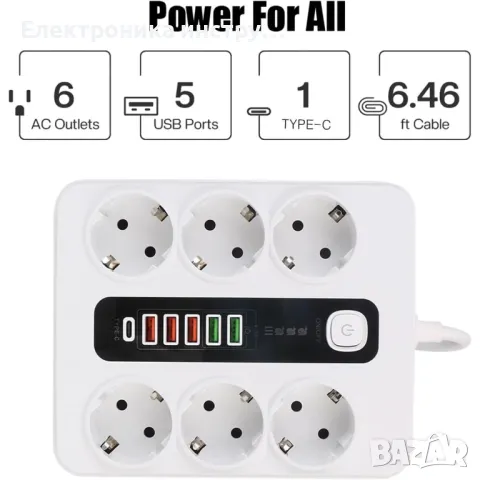 Разклонител Sumker, 6 контакт, 5 бр. USB, 1 бр. C конектор, 220V, 3000W, 10A, бял, снимка 3 - Аксесоари и консумативи - 48605349