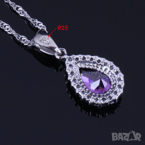 Сребърен комплект със сапфири и искрящи кристали, снимка 8 - Колиета, медальони, синджири - 44886165