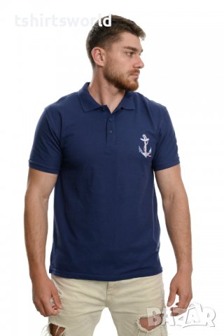 Нова тъмносиня мъжка блуза (тениска) тип Lacoste с Котва и яка, снимка 5 - Блузи - 37662468