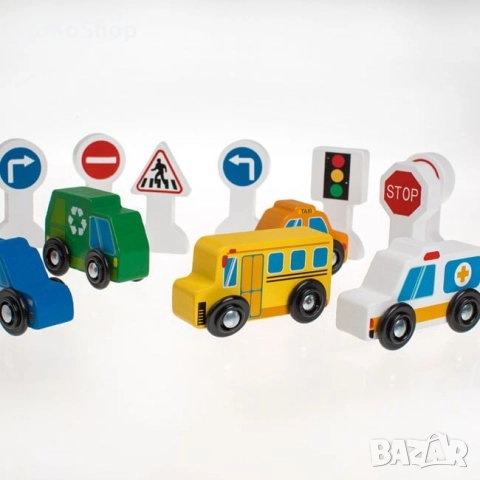 Дървени превозни средства,светофар и пътни знаци-15 части, снимка 3 - Образователни игри - 52433778