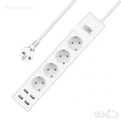 Удължител , 4 гнезда, 250V, 16A, Кабел, 3m, 4 x USB F, С ключ, Бял, снимка 1 - Разклонители и удължители - 48727784