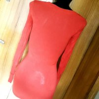 Червена туника тънко плетиво С, снимка 2 - Блузи с дълъг ръкав и пуловери - 26741409