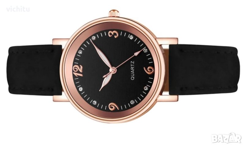 Красив нов черен дамски ръчен часовник с кожена каишка., снимка 1