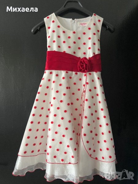 Бяла рокля на червени точки с панделка 7-8 годинки, снимка 1