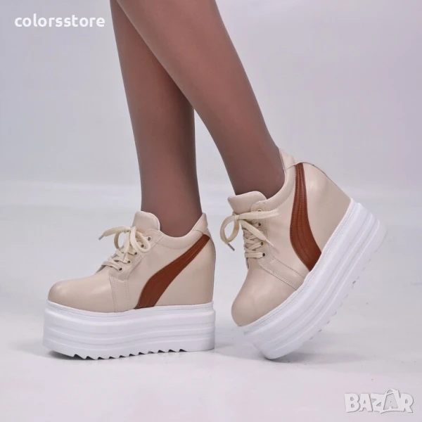 Кецове на платформа - бежови с кафява лента - SJN56 , снимка 1