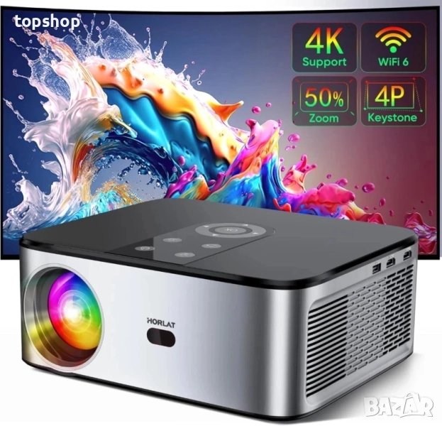 НОВ, ПРОВЕРЕН HORLAT Проектор с 300", 4K, 25000 лумена, оригинален 1080P WiFi Bluetooth проектор..., снимка 1