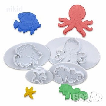 4 морски Октопод Водно конче Морска Звезда Риба пластмасови резци с бутало форми фондан резец форма, снимка 1