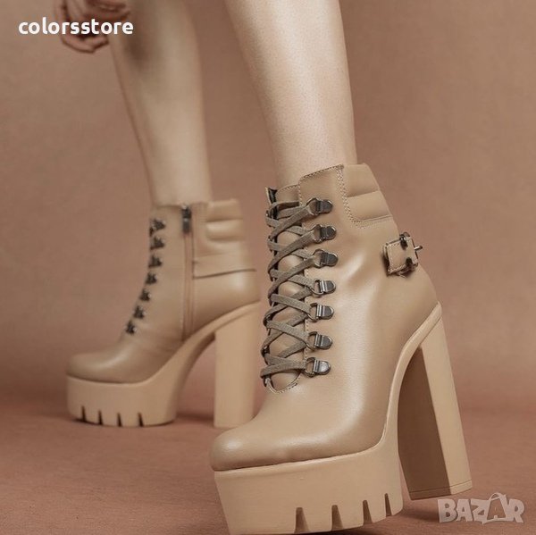 Боти на ток - бежова кожа с бежово ходило - BT14, снимка 1