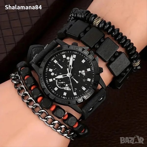 Комплект мъжки часовник с гривни, снимка 1