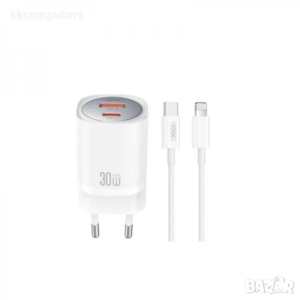 Зарядно/Адаптер 220V / XO-CE21 30W GaN / PD, USB QC 3.0 / + Type-C - Lightning Кабел / Бял / Баркод , снимка 1