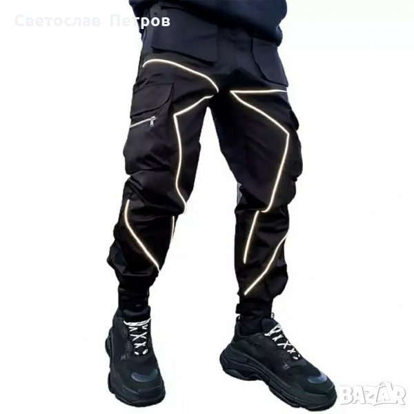 Нови Черни Карго Панталони с Рефлектиращи Детайли Линий, снимка 1