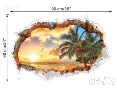 Дупка изглед към море плаж с палма пейзаж стикер самозалепващ за стена декор, снимка 2 - Други - 33188037