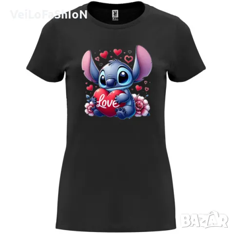 Нова дамска тениска с героя Стич със Сърчица - Love в черен цвят, снимка 1