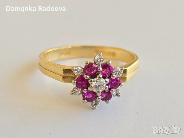 Златен пръстен с Диаманти и Рубини 18 карата проба 750, снимка 4 - Пръстени - 49783320
