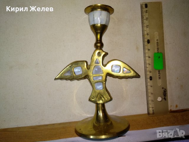 Стар ВЕЛИКОЛЕПЕН БРОНЗОВ СВЕЩНИК - ГЪЛЪБЧЕ с РЪЧНО ИНКРУСТИРАН КРАЛСКИ СЕДЕФ МАЙСТОРСКА РАБОТА 42645