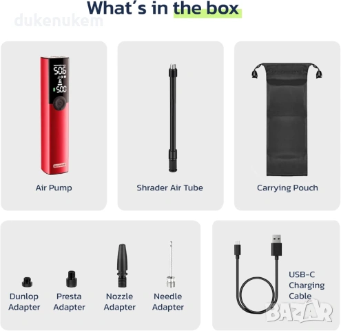 Електрическа помпа за гуми Woowind BP188 150 PSI с авто стоп, LCD дисплей, снимка 8 - Аксесоари за велосипеди - 53039547