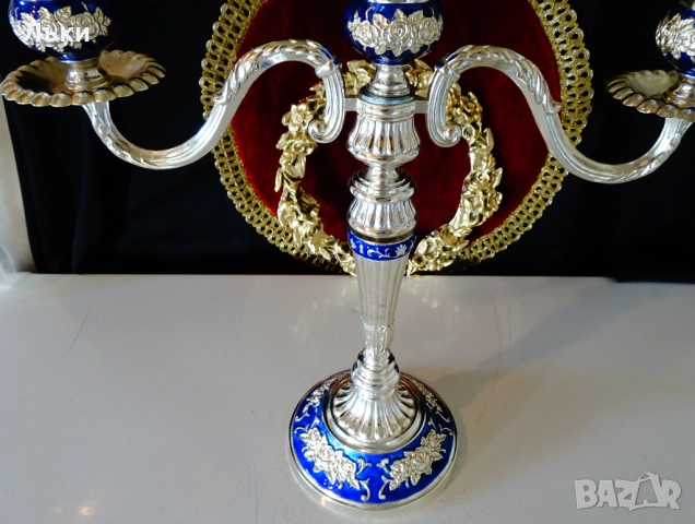 Посребрен троен свещник,рози,кобалт,рококо. , снимка 11 - Антикварни и старинни предмети - 52817267