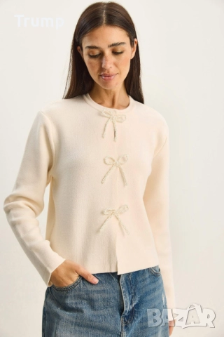  Стилна блуза, панделки от перли, бордо, кафяво, екрю, снимка 3 - Блузи с дълъг ръкав и пуловери - 52843013