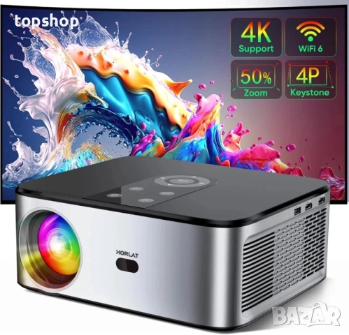 НОВ, ПРОВЕРЕН HORLAT Проектор с 300", 4K, 25000 лумена, оригинален 1080P WiFi Bluetooth проектор...