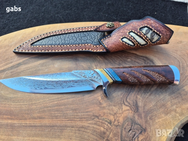 Ръчно изработен ловен нож дамаска стомана с кожена кания LN432, снимка 3 - Ножове - 52943469
