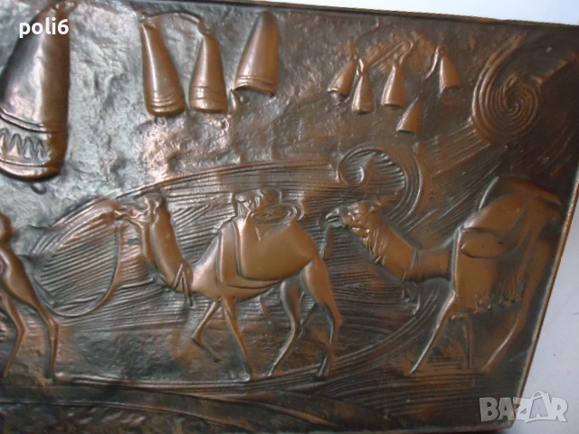 стара медна картина - камили,звънци,змия,пустиня, снимка 4 - Антикварни и старинни предмети - 52589778