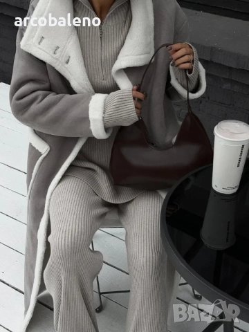 Дамско палто с джоб в сиво и бяло, едно цяло кожено палто с ревер - 024, снимка 5 - Палта, манта - 43528195