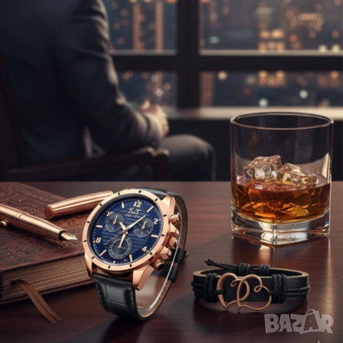 Мъжки часовник S&T Seek Time с кожена гривна – подаръчен комплект, снимка 2 - Бижутерийни комплекти - 51947415