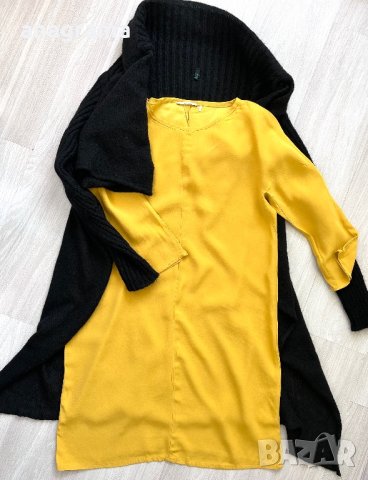 Черна асиметрична жилетка плетиво Benetton & жълта кокетна рокля Vanilia , снимка 4 - Рокли - 43887141