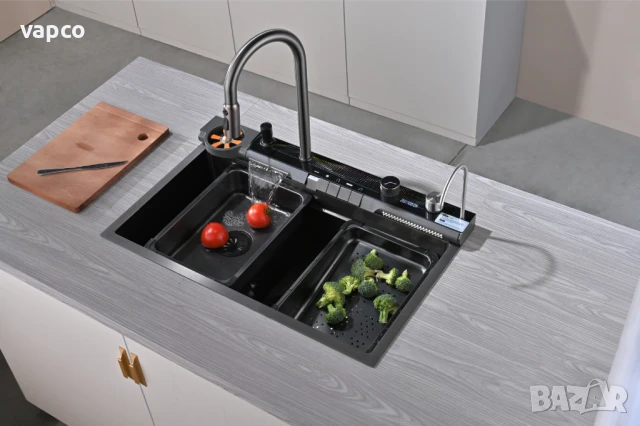 Мултифункционална кухненска мивка с регулируем двоен водопад и динамична подсветка M03, снимка 6 - Мивки - 50953828