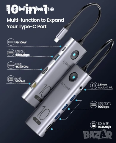 Докинг станция ORICO -CX 10 в 1, хъб с 4K @ 60Hz HDMI, снимка 2 - Друга електроника - 50747227