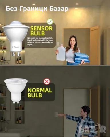 Нови TobeBright PIR LED крушки 5W GU10 авто ON/OFF – 4 броя за осветление, снимка 5 - Крушки - 49592091