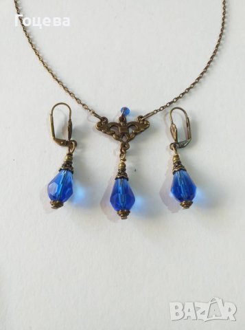 Разкошен комплект бижута с кралско сини капки от Венецианско стъкло и бронзови орнаменти, снимка 12 - Бижутерийни комплекти - 40711991