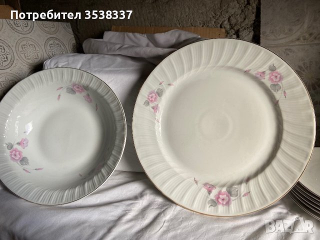 Сет от купа и голяма чиния плато с розово цвете, златен кант на Китка, ретро порцелан, снимка 4 - Прибори за хранене, готвене и сервиране - 39581084