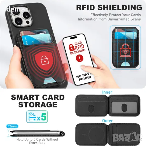 TUCCH Магнитен калъф за iPhone 16 Pro Max (6,9") 2024 с отделящ се портфейл, стойка, PU кожа, черен, снимка 5 - Калъфи, кейсове - 47541594