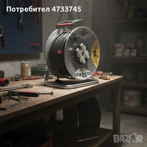 Електрически удължител с макара KraftRoyal 50m — здрава поцинкована конструкция, 4 гнезда и термична, снимка 2 - Други - 53438960