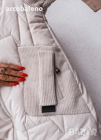 Дамско кремаво по-дълго яке, изработено  от комбиниран материал , снимка 3 - Якета - 52000456