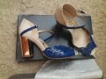 Обувки в бежово-кралскосиньо и златист широк ток - 36 номер , снимка 4