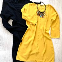 Черна асиметрична жилетка плетиво Benetton & жълта кокетна рокля Vanilia , снимка 6 - Рокли - 43887141